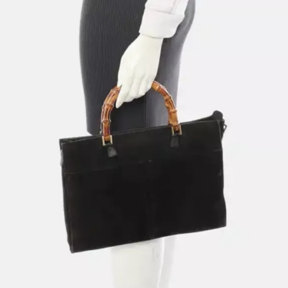 GUCCI Black Suede Bamboo Top Handle Satchel Hand Bag! - Picture 2 of 14